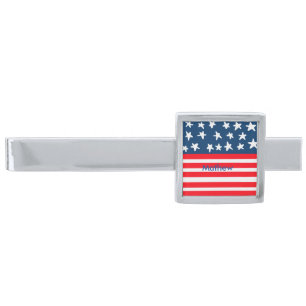 4th july independence day add name text US flag Silver Finish Tie Bar