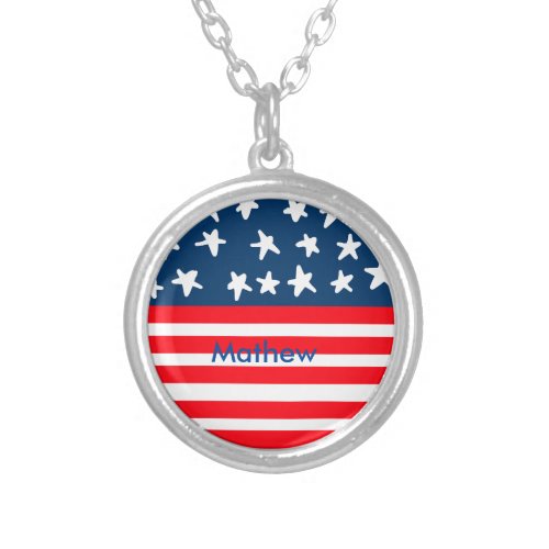 4th july independence day add name text US flag Silver Plated Necklace