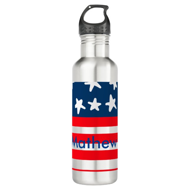 4th july independence day add name text US flag Stainless Steel Water Bottle (Front)