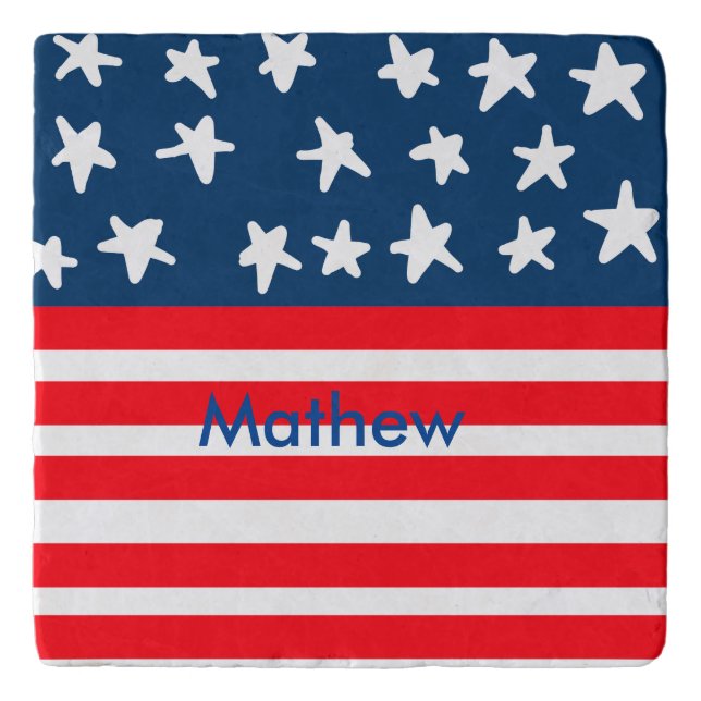 4th july independence day add name text US flag Trivet (Front)