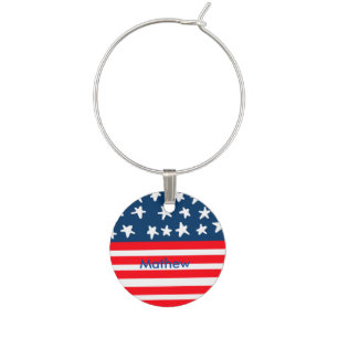 4th july independence day add name text US flag Wine Charm