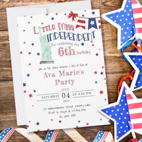 4th July Little Miss Independent Any Age Birthday Invitation