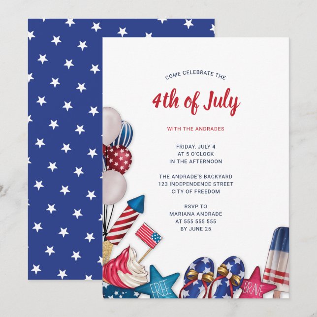 4th July Party Red White Blue Modern Stars Stripes Invitation (Front/Back)
