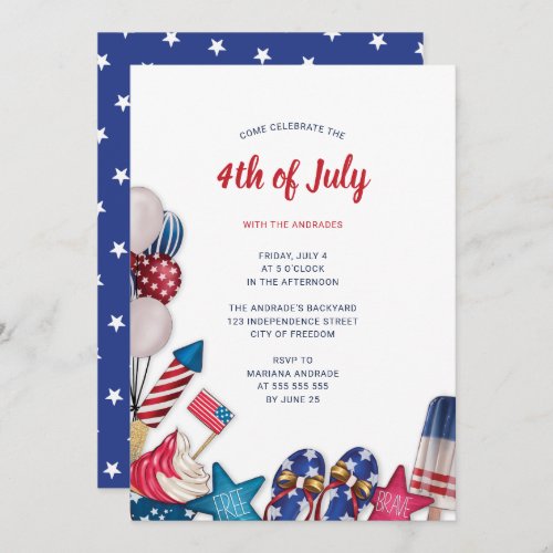 4th July Party Red White Blue Modern Stars Stripes Invitation