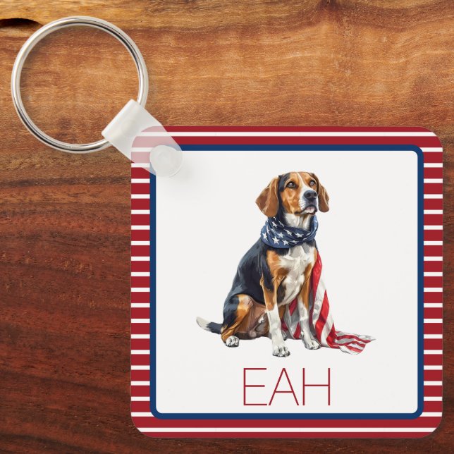 4th July Patriotic Hound Dog Monogram Keychain (Front)