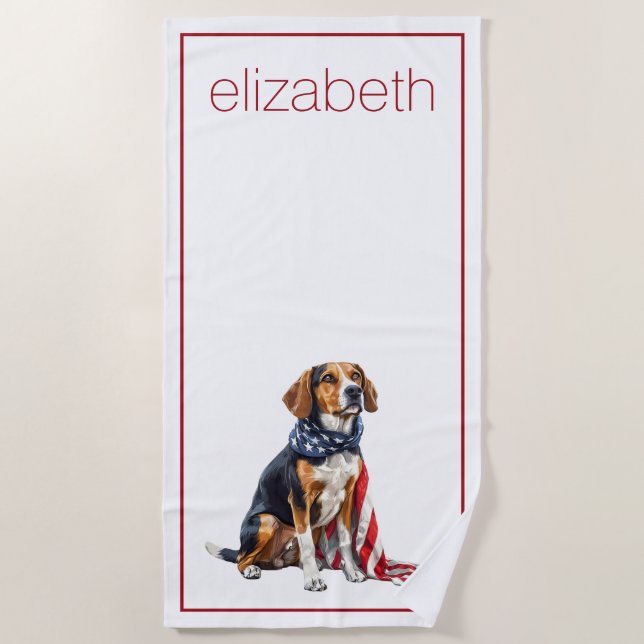 4th July Patriotic Hound Dog Personalized Beach Towel (Front)