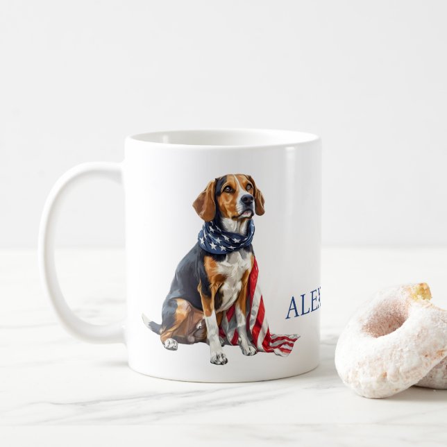 4th July Patriotic Hound Dog Personalized Coffee Mug (With Donut)