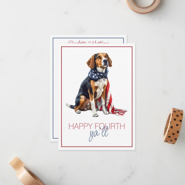 4th July Patriotic Hound Dog Personalized Note Card (Front/Back In Situ)
