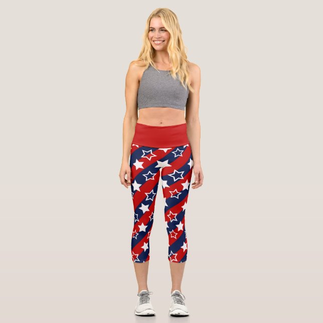 4th July Patriotic White Stars Blue Red Strips Capri Leggings (Front)