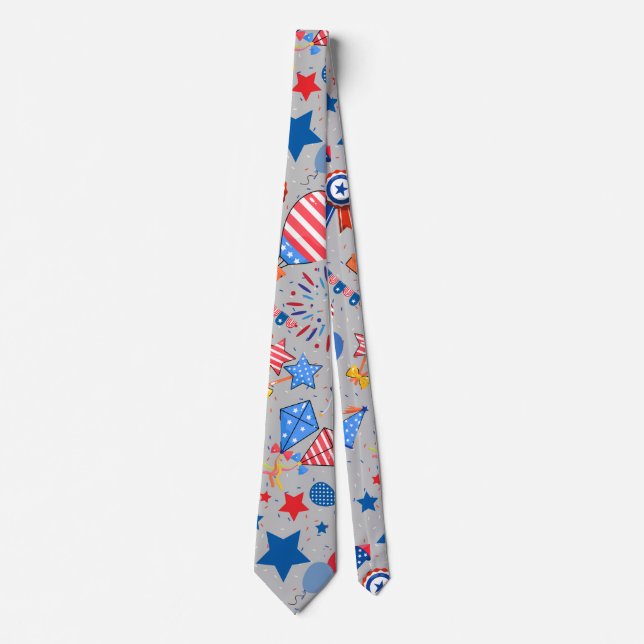 4th July Pattern 04x4 LGrey BG Neck Tie (Front)