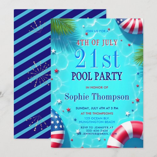 4th July Pool Party Americana Chic 21st Birthday Invitation