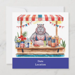 4th July Pool Party with Hippo in Bikini Invitation
