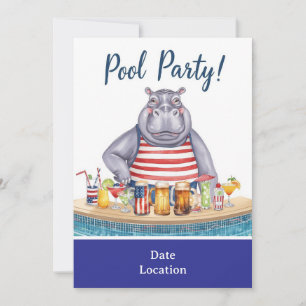 4th July Pool Party with Hippo in Bikini Invitation