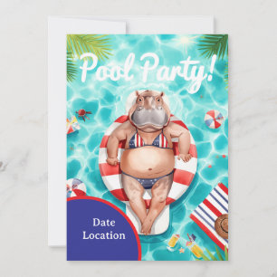 4th July Pool Party with Hippo in Bikini Invitation
