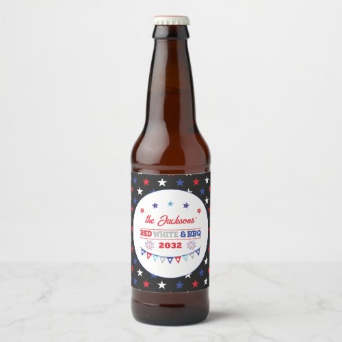4th july Red white and BBQ family name patriotic Beer Bottle Label