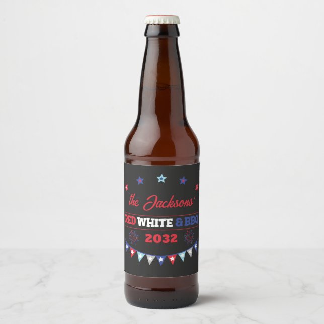 4th july Red white and BBQ family name patriotic Beer Bottle Label (Front)