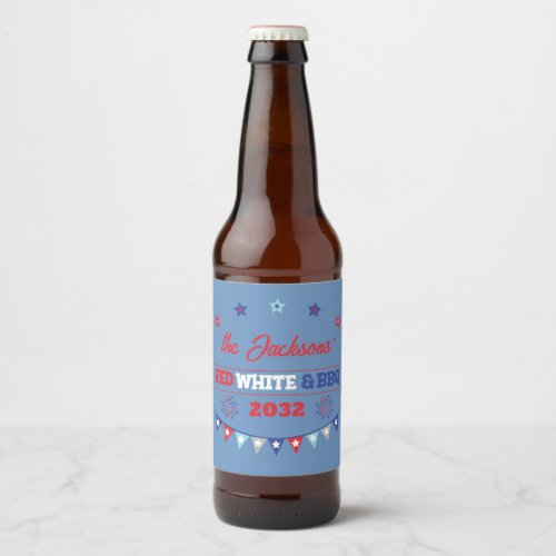 4th july Red white and BBQ family name patriotic Beer Bottle Label
