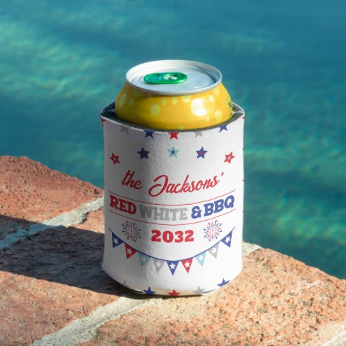 4th july Red white and BBQ family name patriotic Can Cooler