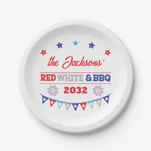 4th july Red white and BBQ family name patriotic Paper Plates