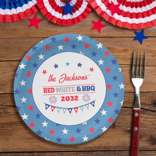 4th july Red white and BBQ family name patriotic Paper Plates