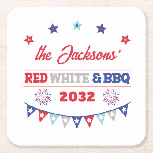 4th july Red white and BBQ family name patriotic Square Paper Coaster