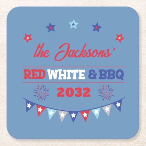 4th july Red white and BBQ family name patriotic Square Paper Coaster