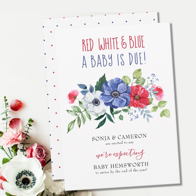 4th July Red White Blue Baby Due Floral Pregnancy  Announcement (Creator Uploaded)