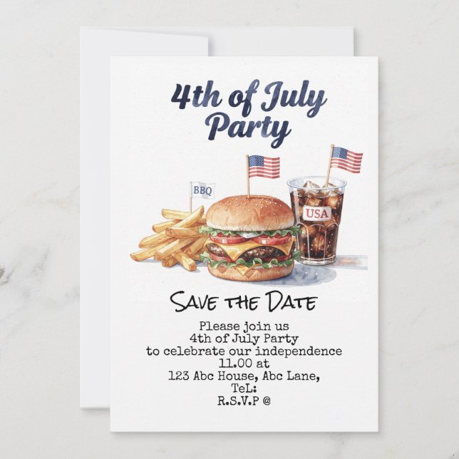  4th July Save the Date  Independence Day party   Invitation (Front)