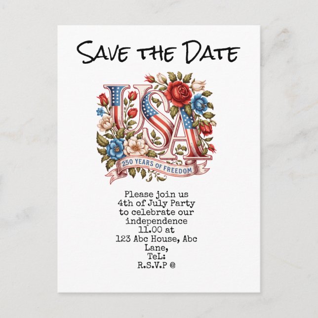  4th July Save the Date  Independence Day party    Postcard (Front)