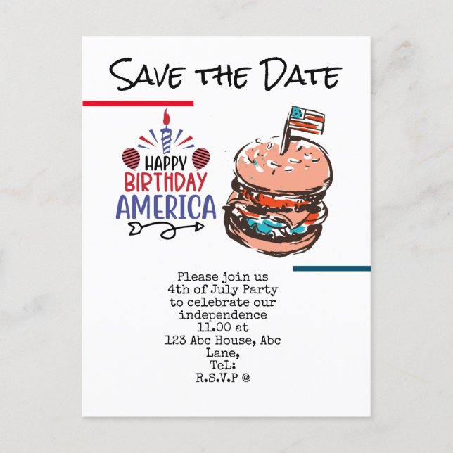  4th July Save the Date  Independence Day party   Postcard (Front)
