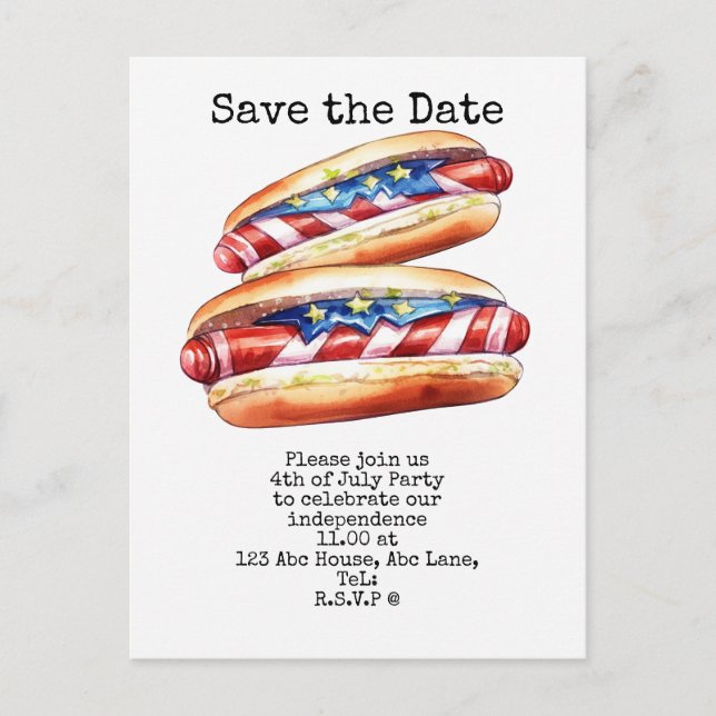  4th July Save the Date  Independence Day party   Postcard (Front)