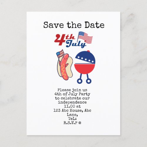  4th July Save the Date  Independence Day party  Postcard