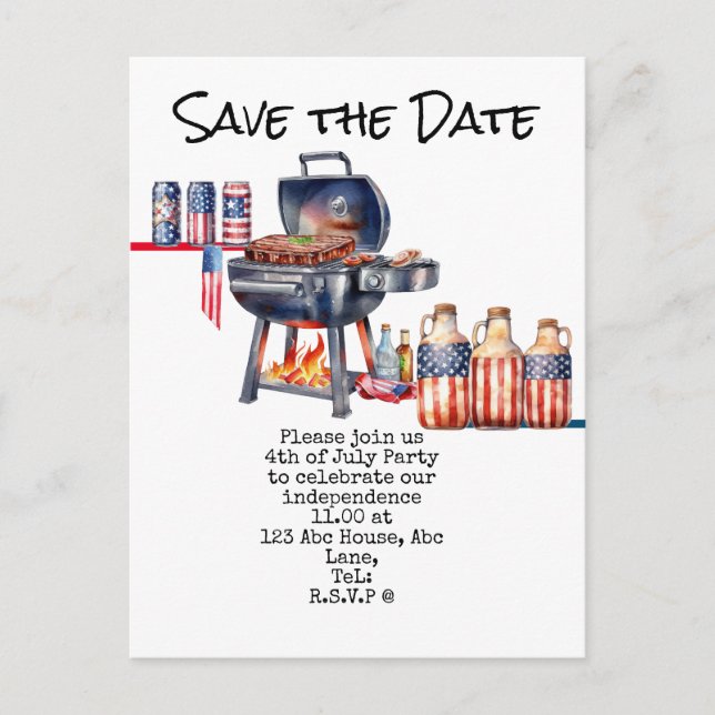  4th July Save the Date  Independence Day party   Postcard (Front)