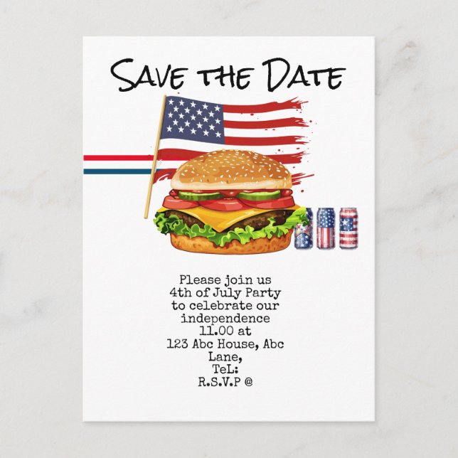  4th July Save the Date  Independence Day party   Postcard (Front)