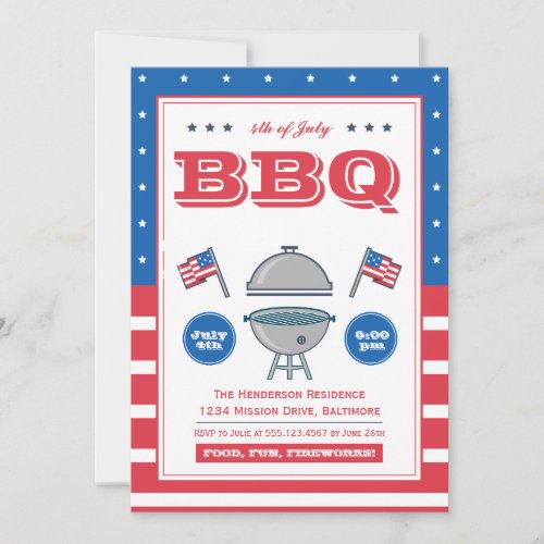 4th July Summer Grill Patriotic Flag BBQ Party Invitation