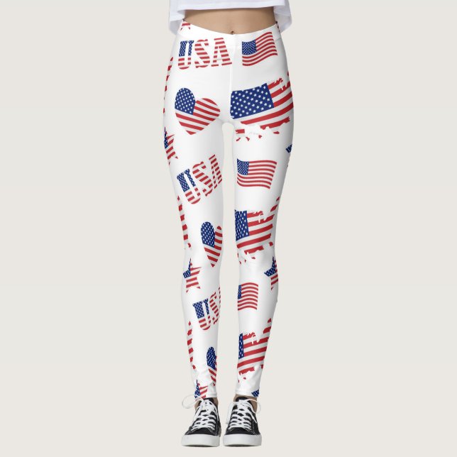4th July USA Flag Heart Red Blue White  Leggings (Front)