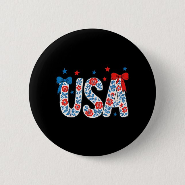 4th July USA Flower Independence Day Patriotic 4th Button (Front)