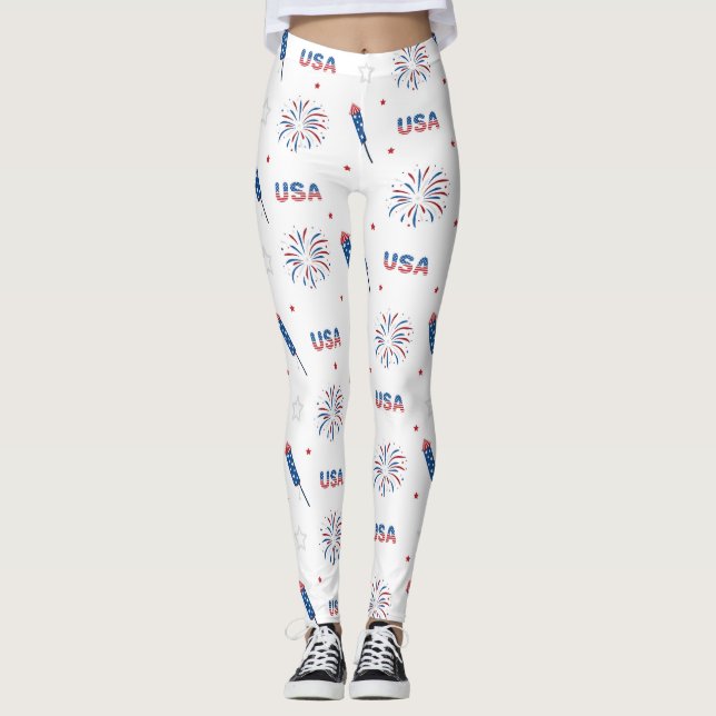4th July USA Independence Day Firework White Leggings (Front)