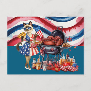 4th July with Siamese Cat Barbecue Party Holiday Postcard