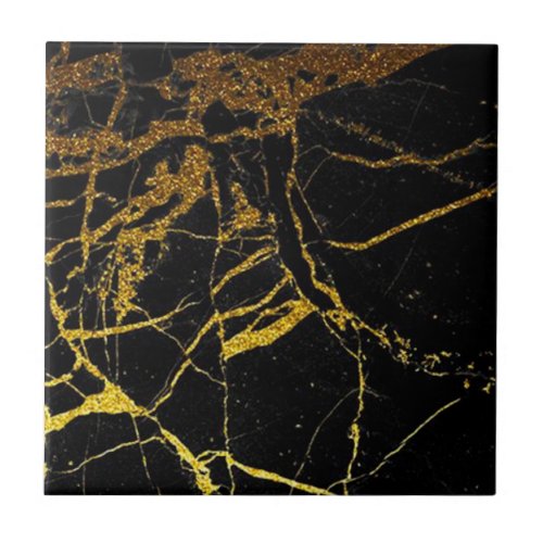 4th of 4 Gold Veined Black Faux Marble 45  6 Ceramic Tile