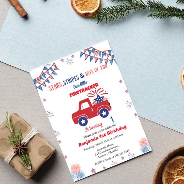 4th of july 1st birthday red & blue  firetracker invitation (Creator Uploaded)
