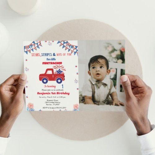 4th of july 1st birthday red  blue  firetracker invitation