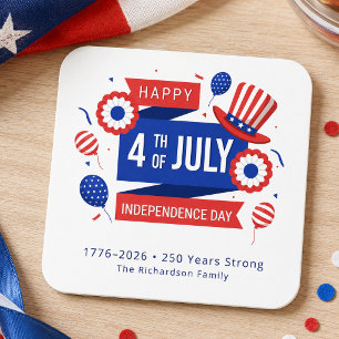 4th of July 250th Anniversary Family Square Paper Coaster