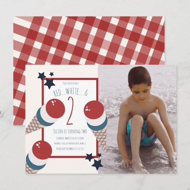 4th of July 2nd Birthday Ice Cream and Stars Photo Invitation (Front/Back)