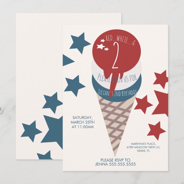 4th of July 2nd Birthday Ice Cream Stars Invitation (Front/Back)