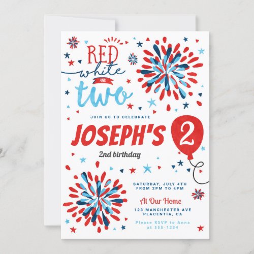 4th of July 2nd birthday Red White Two Invitation