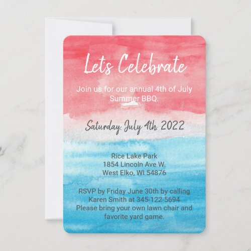 4th of July 4x6 Watercolor Invitation