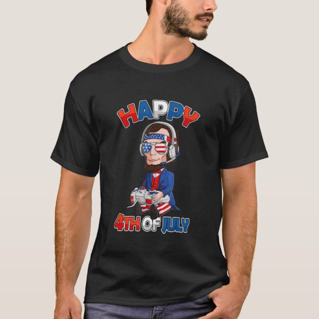 4th Of July Abraham Lincoln Gamer Usa Flag Gaming  T-Shirt (Front)
