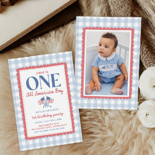 4th of July All American Boy 1st Birthday Photo Invitation