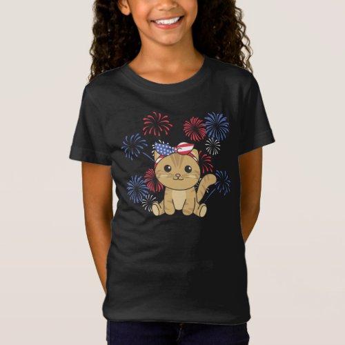 4th Of July American Cat For Kids Usa Fireworks T_Shirt